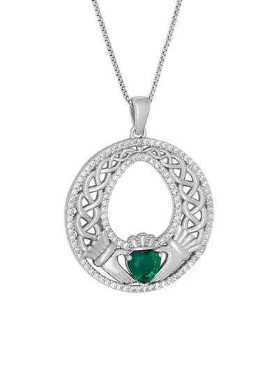 Sterling Silver Claddagh Pendant With Green Cubic Zirconia Stone and Intricate Detail